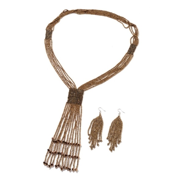 Jewelry - Golden Coated Seed Beads Earrings & Necklace Set